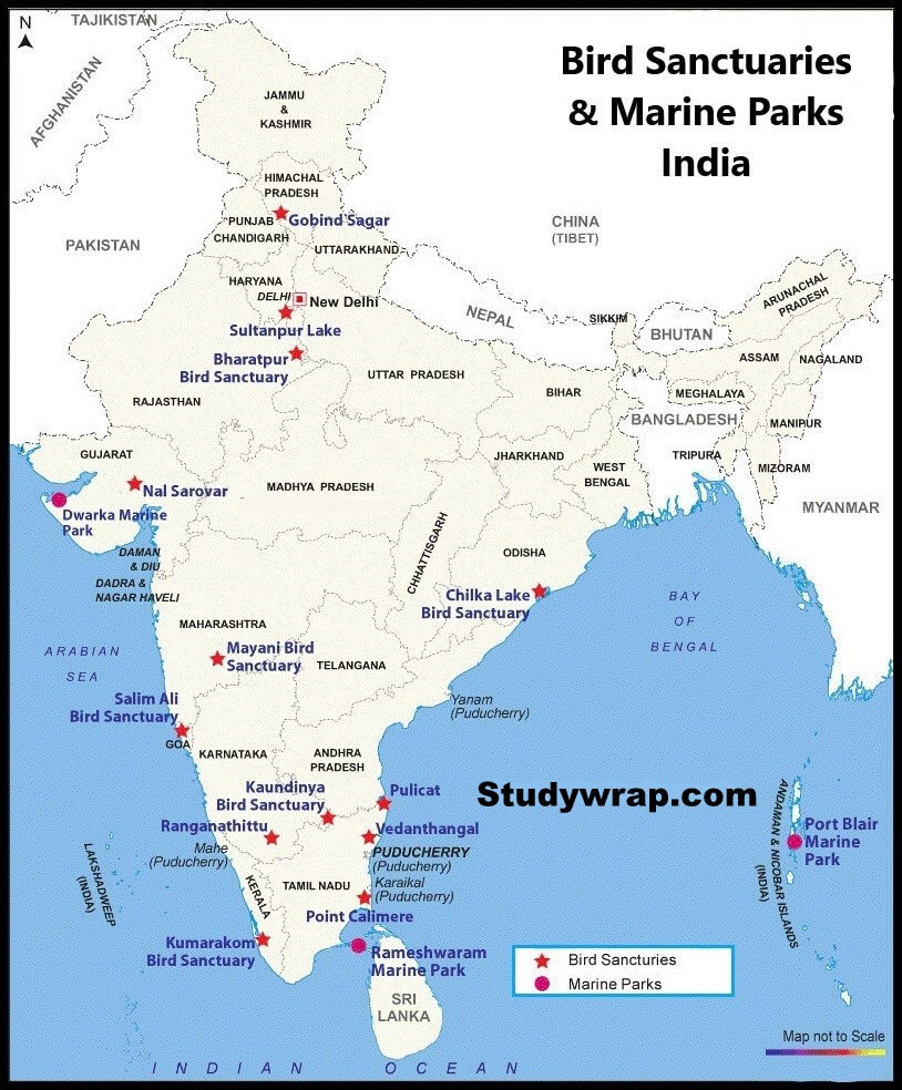 Bird Sanctuaries of India Map, Bird sanctuaries in India on Map, Studywrap.com